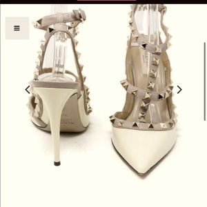 Valentino Garavani Rockstud Pointed Toe T-Strap Pumps in Ivory and Nude